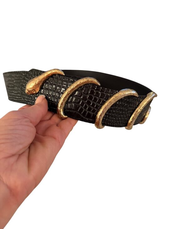 Vintage Style Wide Waist Gold Snake Belt Croc Embossed Leather Black Medium main image 8